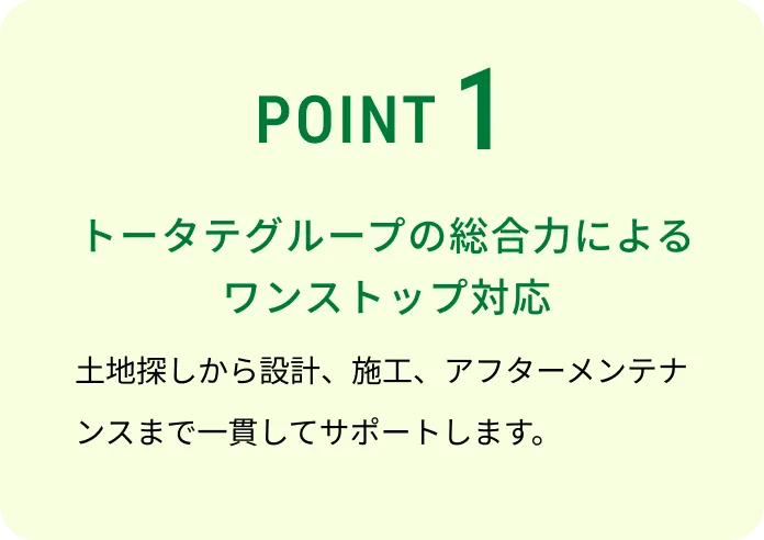 POINT 1 トータテグループの総合力によるワンストップ対応 土地探しから設計、施工、アフターメンテナンスまで一貫してサポートします。
